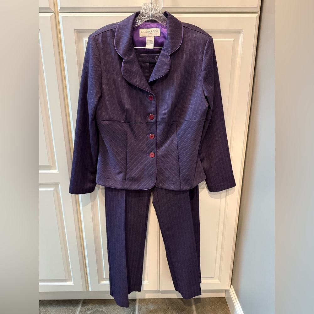 Sag Harbor Womens Purple Pinstripe 2Piece Jacket Pantsuit Set Polyester Size 12